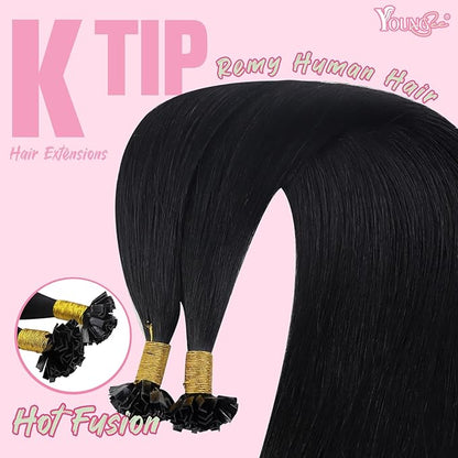YoungSee K Tip Hair Extensions Human Hair Jet Black 14inch Remy Hair Extensions K Tip Jet Black Keratin Human Hair Extensions Black for Short Hair Fusion Hair Extensions Human Hair Remy 50s/50g