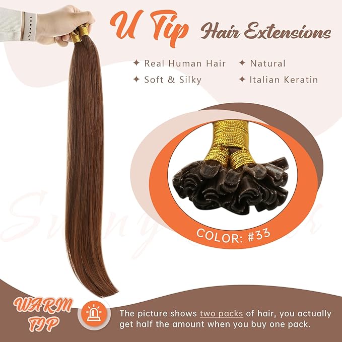Sunny Hair Auburn U Tip Hair Extensions Human Hair 20 inch Keratin Hair Extensions Human Hair Auburn Brown Utip Hair Extensions Soft Hot Fusion Hair Extensions Dark Auburn for Party 20inch 50g
