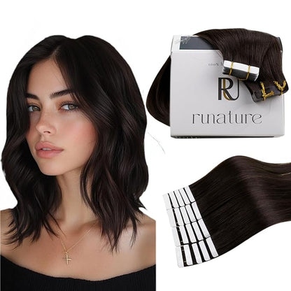 RUNATURE Brown Tape ins Human Hair Extensions Straight Tape in Hair Extensions Full Ends Silky Straight Human Hair Tape in Extensions Skin Weft Natural Hair Glue in Extensions 10 Inch 30 Gram 20pcs