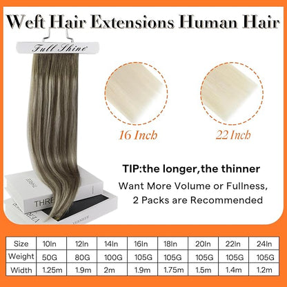 Full Shine Sew In Hair Extensions Remy Straight Hair Weft Extensions Color 7/7/800 Ash Brown To Blonde Mix Brown Human Hair Weft Extensions For Women Manchine Tied Solky Hair 20 Inch 105G