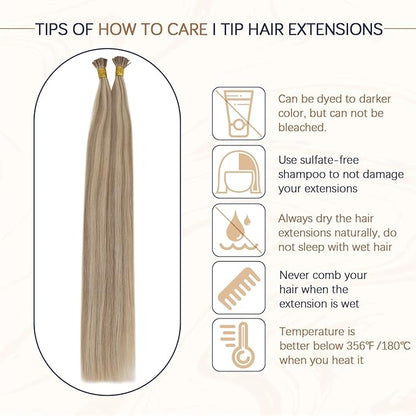 RUNATURE I Tip Extensions Human Hair，Real Human Hair Extensions I Tip, Balayage Silky Long Blonde Hair, Pre Bonded Soft Hair #1622 Golden Blonde with Light Blonde 14Inch 50G 50s