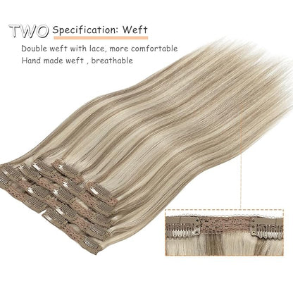 Caliee Clip in Hair Extensions P18/613 Ash Blonde Highlighted Bleach Blonde Real Human Hair Extensions Clip ins Double Weft Lace Invisible Silky Straight Natural Hair 20Inch 140G