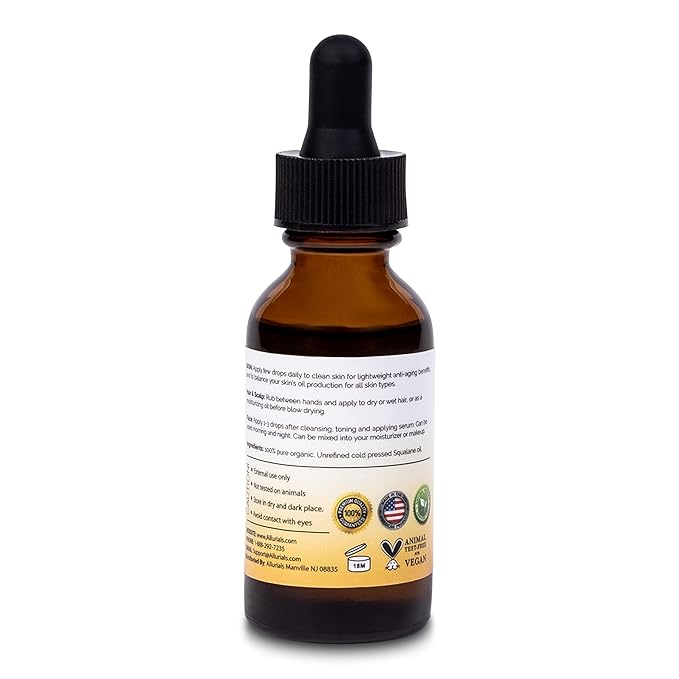 100% Organic & All Natural Plant-Based Squalane Oil for Face, Hair, & Body, Cold Pressed and Unrefined Premium Grade Multipurpose Facial Oil for Moisturize, Smooth, and Soften Skin - 1 Oz