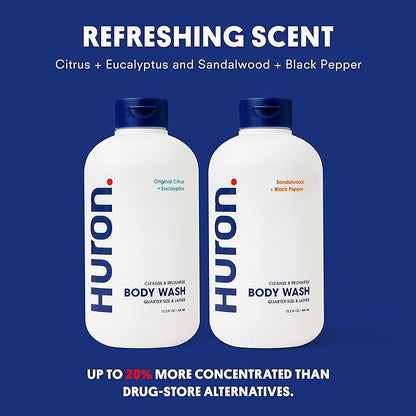 Huron Men's Moisturizing Body Wash - Crisp Citrus, Eucalyptus, Mint & Aromatic Greens Scent, 12.2 fl oz (2 Pack)