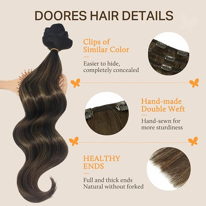 DOORES Clip in Hair Extensions Real Human Hair, Balayage Dark Brown to Chestnut Brown 24 Inch 9pcs 150g, Clip in Remy Extensions Natural Thick Straight Weft