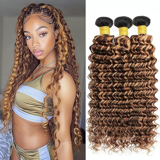 P427 Bundles Human Hair Highlight Loose Deep Wave Bundles Ombre Honey Blonde Two Tone Brazilian Human Hair Extensions Soft and Silky for Black Women 14 16 18 Inch