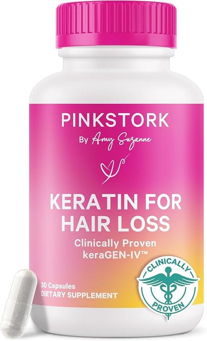 Pink Stork Keratin Hair Loss Supplement for Women - Clinically Studied KeraGEN-IV for Hair Care, Thinning, Shedding and Beauty - Hair Skin and Nails Support - Postpartum Hair Growth - 30 Capsules