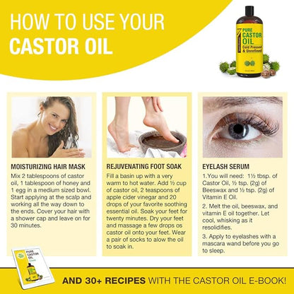 Pure Cold Pressed Castor Oil - Big 32 fl oz Bottle - Unrefined & Hexane Free - 100% Pure Castor Oil for Hair Growth, Thicker Eyelashes & Eyebrows, Dry Skin, Healing, Hair Care, Joint and Muscle Pain
