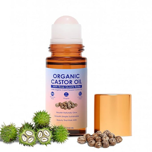 Organic Castor Oil with Rose Quartz Roller, 100% Pure Cold-Pressed & Unrefined - For Hair Growth, Eyelashes, Eyebrows & Skin (1)