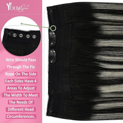YoungSee Wire Hair Extensions Real Human Hair Ombre Secret Wire Human Hair Extensions Blend of Black and Silver with Black Roots Natural Hair Extensions Human Hair Silky Smooth Hair Extension 14In 80G