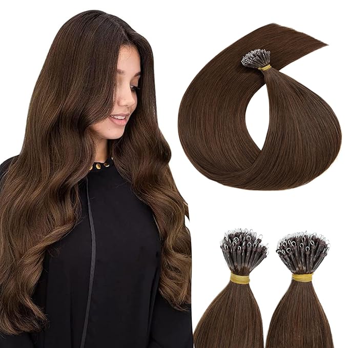 Nano Bead Human Hair Extensions - Nano Bond & Tip Extensions, Silky Straight Natural 50g/50 Stands 24" Medium Brown