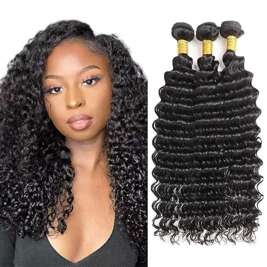 Deep Wave Bundles Human Hair Natural Color Bundles 18 20 22 Inch Niegmeag Hair Grade 8A Brazilian Virgin Hair Extensions Color 1B Loose Deep Wave Bundle