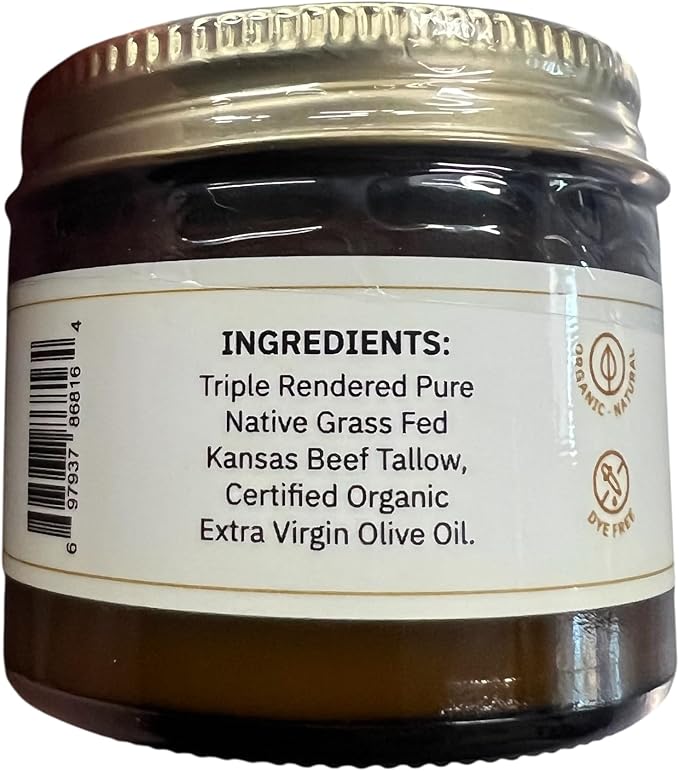 Beef Tallow Balm - 2 oz - Grown and Made in USA - Organic Grass Fed and Finished Tallow - Moisturizing Skin Care Fragrance Free