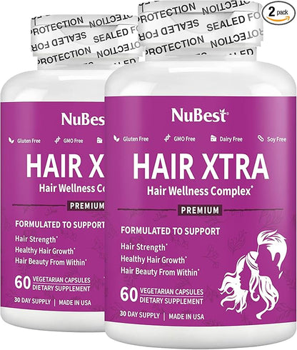 HairXtra - Hair Regrowth Vitamin for Faster Hair Growth - Hair Growth Vegan Capsules - Hair Thickening with Biotin, Zinc, MSM, B Vitamins, Choline - Hair Supplement, Hair Regrowth Capsules - Pack 2