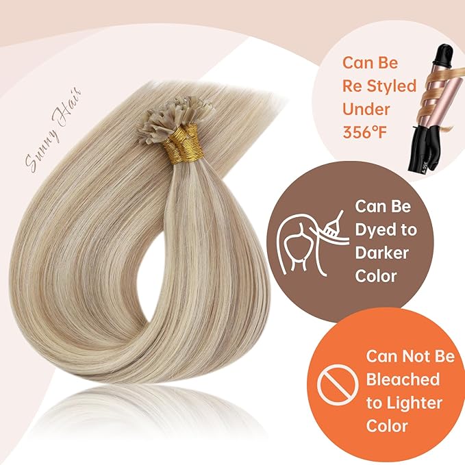 Sunny Hair U Tip Hair Extensions Blonde UTips Hair Extensions Human Hair Ash Blonde Highlight Bleach Blonde K Tip Hair Extensions Real Human Easy to Curl 20inch 50g