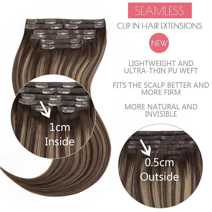 Loxxy Real Hair Extensions - Clip-In Human Hair Ombre Dark Brown to Chestnut Brown - Invisible Clip Ins - 18in, 130g, 7pcs - Seamless, Silky Straight, Thick Remy