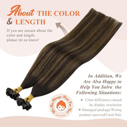Sunny Hair U Tip Hair Extensions Human Hair for Daily Use Utip Hair Extensions Human Hair Balayage Dark Brown Ktip Human Hair Extensions Show Charm 14inch 50g