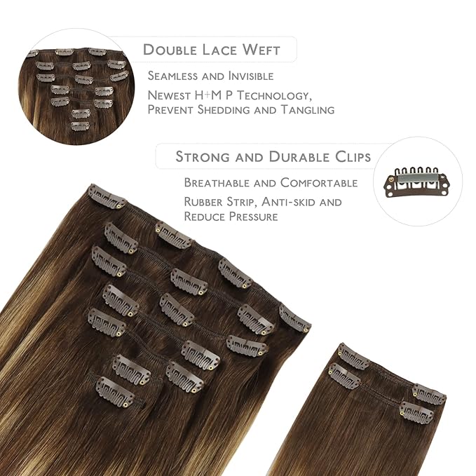 WENNALIFE Clip in Hair Extensions Real Human Hair, 18 Inch 150g 9pcs Human Hair Extensions Clip In, Balayage Chocolate Brown to Dirty Blonde Hair Extensions Clip In Real Remy Human Hair