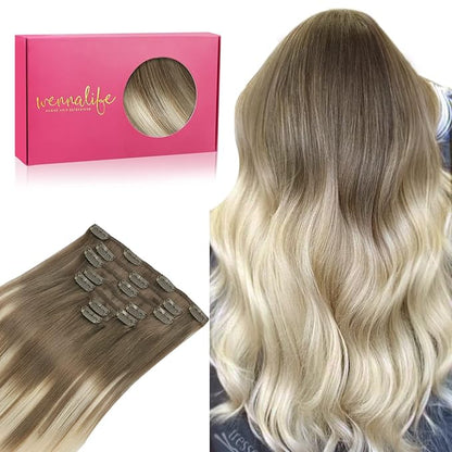 WENNALIFE Clip in Hair Extensions Real Human Hair, 22 Inch 120g 7pcs Remy Hair, Ombre Sandy Brown to Platinum Blonde Straight Natural Extensiones De Cabello Humano Con Clip Ins