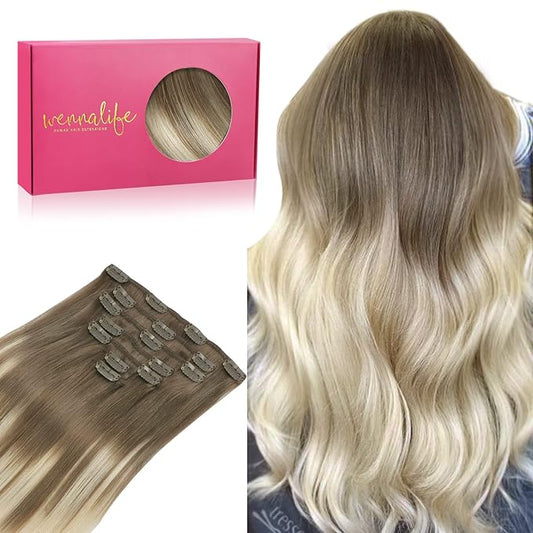 WENNALIFE Clip in Hair Extensions Real Human Hair, 22 Inch 120g 7pcs Remy Hair, Ombre Sandy Brown to Platinum Blonde Straight Natural Extensiones De Cabello Humano Con Clip Ins
