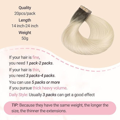 MAXITA Tape in Hair Extensions Human Hair Light Ash Brown to Ash Blonde 20 Inch Straight Seamless Invisible Skin Weft Thick Soft Silky Human Hair Extensions Tape
