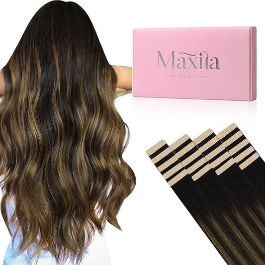 MAXITA Hair Extensions Tape in Hair Extensions Human Hair 20 inch 50g 20pcs Balayage Dark Brown to Chestnut Brown Real Human Hair Extensions Real Remy Seamless Straight Hair Extensions for Women