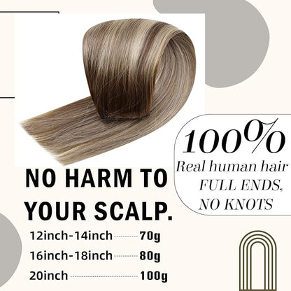 RUNATURE Wire Human Hair Extensions Balayage Invisible Fish Line Hair Extensions Real Human Hair Brown Roots Soft Hair, Easy to Apply 20 Inch 100g #3/8/22 Walnut Brown to Light Brown with Blonde