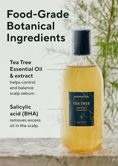 AROMATICA Clarifying Tea Tree Shampoo, Organic Tea Tree Oil, Natural, Dandruff, and Itchy Scalp Care, scalp exfoliator, for Men & Women, include Mint and Peppermint, Sulfate Free, Vegan, 13.5 fl oz