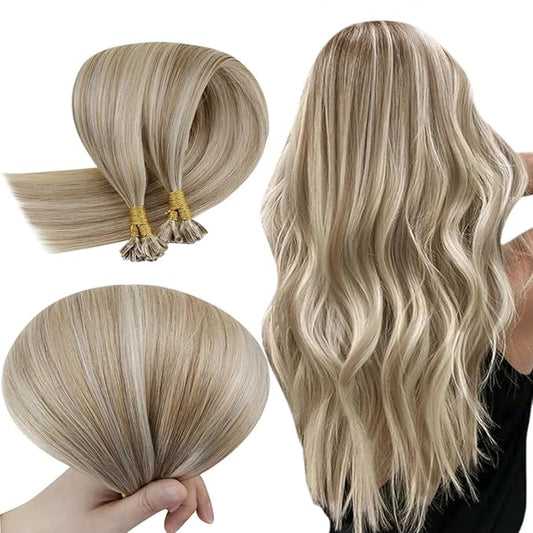 RUNATURE Ktip Human Hair Extensions Ash Brown with Platinum Blonde Keratin U Tip Hair Extensions Hot Fusion Utip Hair Extensions Human Hair Straight K Tip Hair Extensions Silky 16 Inch 50g 50s