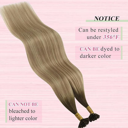 YoungSee U Tip Hair Extensions Balayage Keratin Tip Hair Extensions Balayage 24 Inch Long Utip Extensions Dark Brown Ombre Brown with Blonde U Tips Hair Extensions Real Human Hair for Women 50s/50g