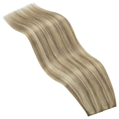 YoungSee Wire Hair Extensions Highlights Human Hair Wire Extensions Light Brown with Blonde Fish Line Hair Extensions for Woman 20inch 100g