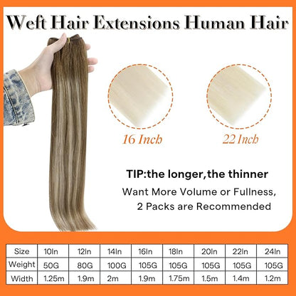 Full Shine 20 Inch Human Hair Extensions Sew In Hair Extensions Real Human Hair Color Chestnut Brown Fading To Platinum Blonde Mix Brown Hair Weft Sew In Weft Extensions For Women 105G