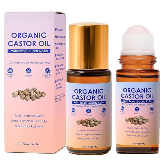 Organic Castor Oil with Rose Quartz Roller, 100% Pure Cold-Pressed, Organic Castor Oil Roll On Rose Quartz, Hexane-Free,Amber Glass Bottle for Skin 1.7oz (2)