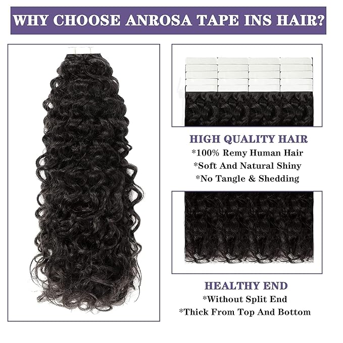 Anrosa Tape In Kinky Curly Hair Extensions Human Hair Natural Black 1B Color 14 inch 3B 3C Jerry Curly Tape in Hair Extensions Human Hair Black Women 20pcs 50g
