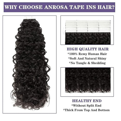 Anrosa Tape In Kinky Curly Hair Extensions Human Hair Natural Black 1B Color 14 inch 3B 3C Jerry Curly Tape in Hair Extensions Human Hair Black Women 20pcs 50g