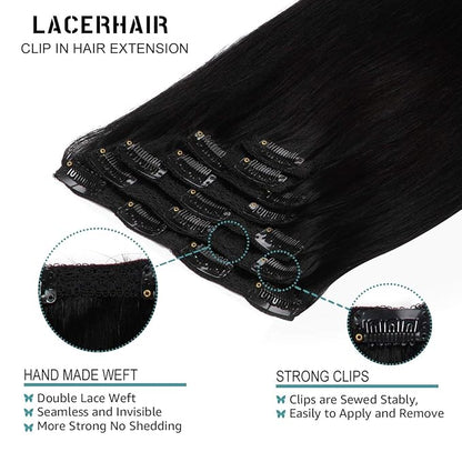 Lacer Hair Extensions Clip in Human Hair Jet Black #1 120g 7pcs Per Set Silky Straight 100% Clip in Hair Extensions Remy Human Hair 14 Inch