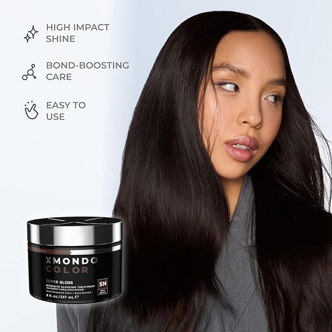 XMONDO Color Dark Brown Color Depositing Mask & Semi-Permanent Hair Dye Super Gloss | Infused with Bond Boosters for Nourishment, Revitalize & Repair, Vegan Formula, 8 Fl Oz 1-Pack