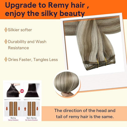 Full Shine Sew In Hair Extensions Real Human Hair Weft Hair Extensions Remy Straight Hair Weft Extensions Color Ash Brown Highlight Blonde Machine Tied Weft Extensions 12 Inch 80G