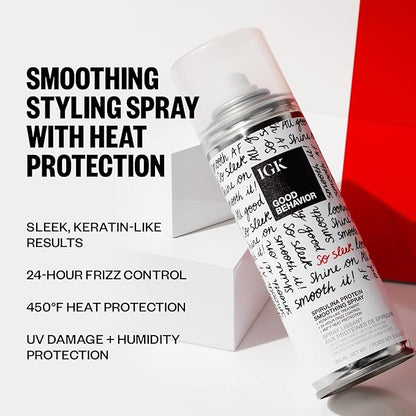 IGK GOOD BEHAVIOR Smoothing Frizz Fighters Travel Set | 4-in-1 Prep Spray + Spirulina Protein Smoothing Spray | Frizz Control + Heat Protectant | Vegan + Cruelty Free
