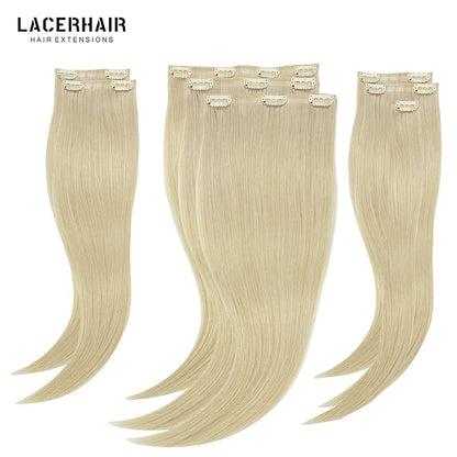 Lacer Clip in Hair Extensions 20 Inch 8Pcs Blonde Clip in Hair Extensions 19 Clips Platinum Blonde PU Weft Seamless Extensions Clip in Human Hair 150 Grams