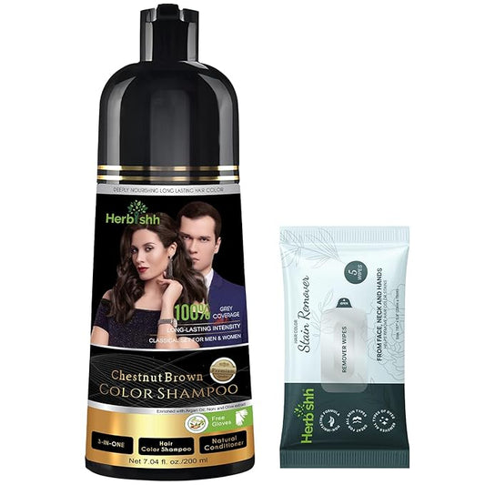Herbishh Chestnut Brown Hair Dye Shampoo 200ml + Hair Color Stain Remover Wipes – Grey Coverage & Mess-Free Cleanup