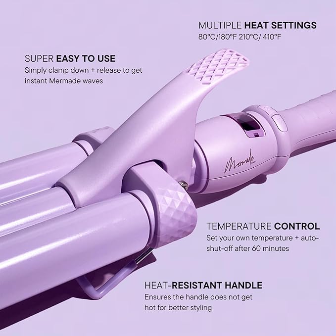 Mermade Hair PRO Hair Waver 0.9" - Hair Waver 3 Barrel, 3 Barrel Curling Iron 0.9 Inch, Ceramic Barrel Waver for Thick, Thin, Long, or Short Hair - 0.9", Lilac