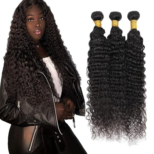 #1B Human Hair Bundles Deep Wave Bundles 12 12 12 Inch Unprocessed Brazilian Virgin Hair Weave Natural Color Bundle Human Hair Extensions 3 Bundles 50 Grams Per Bundle