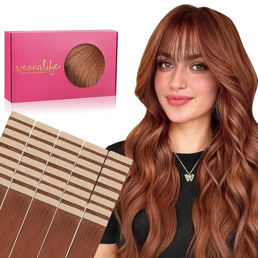 WENNALIFE Tape in Hair Extensions Human Hair, 40pcs 100g 16 inch Dark Auburn Copper Hair Extensions Real Human Hair Straight Tape in Extensions Invisible Human Hair Extensions Reusable Real Hair Exten