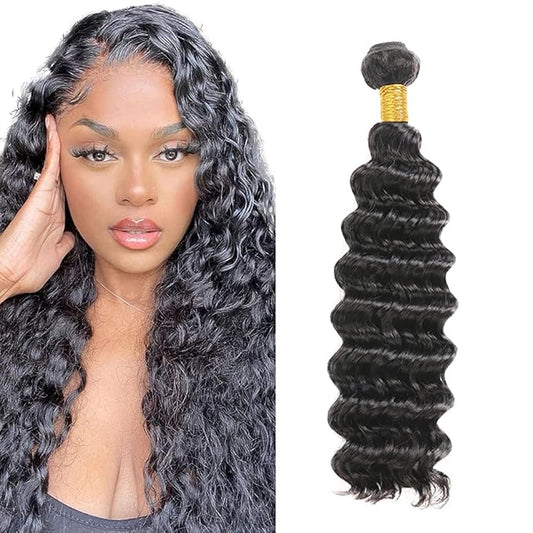 #1B Human Hair Bundles Deep Wave Bundles 24 Inch Unprocessed Brazilian Virgin Hair Weave 1 Bundle 50 Grams Per Bundle Natural Color Bundle Human Hair Extensions