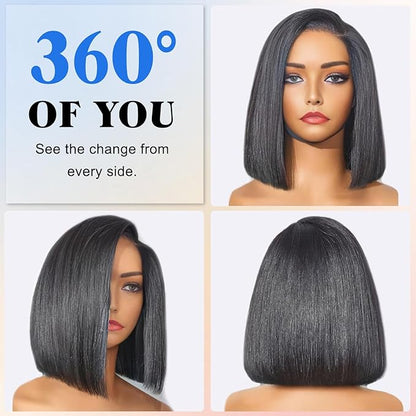 XZZ Wear and Go Glueless Bob Wig Human Hair Pre Plucked Pre Cut 200% Density Black Bob Human Hair Wig 16 Inch 9x6 HD Closure Lace Front Glueless Wigs Human Hair Short Straight Bob Wigs for Women