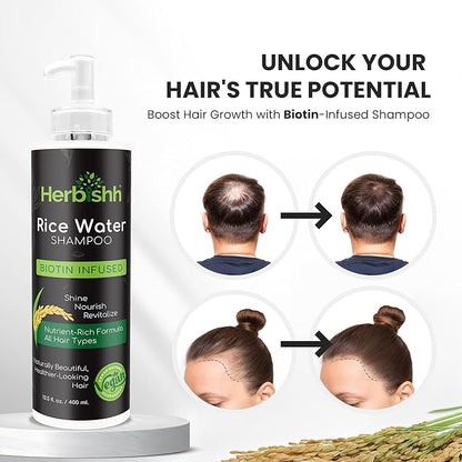 Herbishh Rice Water Hair Growth Shampoo - 400ml with Power of Castor Oil, Argan & Coconut Oil & Biotin | All Hair Type | Hair regrowth for Thinning Hair, Moisturizing & Volumizing | Silicone Free