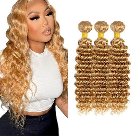 #27 Blonde Bundles Human Hair Deep Wave Bundles 24 24 24 Inch Unprocessed Brazilian Virgin Hair Weave 3 Bundle 50 Grams Per Bundle Honey Blonde Human Hair Extensions