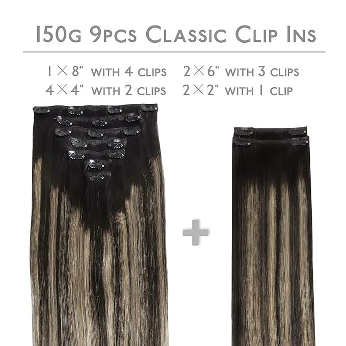 WENNALIFE Clip in Hair Extensions Real Human Hair, 24 Inch 150g 9pcs Human Hair Extensions Clip In, Balayage Natural Black to Light Blonde Hair Extensions Clip In Real Remy Human Hair