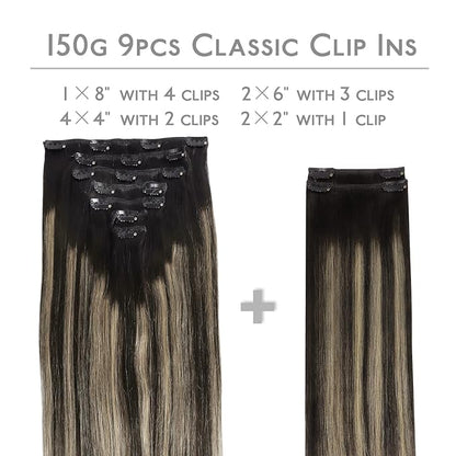 WENNALIFE Clip in Hair Extensions Real Human Hair, 24 Inch 150g 9pcs Human Hair Extensions Clip In, Balayage Natural Black to Light Blonde Hair Extensions Clip In Real Remy Human Hair